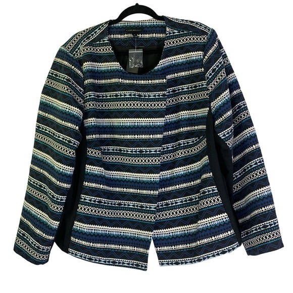 LANE BRYANT Black & Teal Geometric Aztec Stripe Long Sleeve Blazer Jacket-NWT‎ - Picture 2 of 16